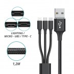 CONEXION USB 3 EN 1 NYLON 2.4A 1.2M MICRO USB , TIPO C , Y LIGHTNING